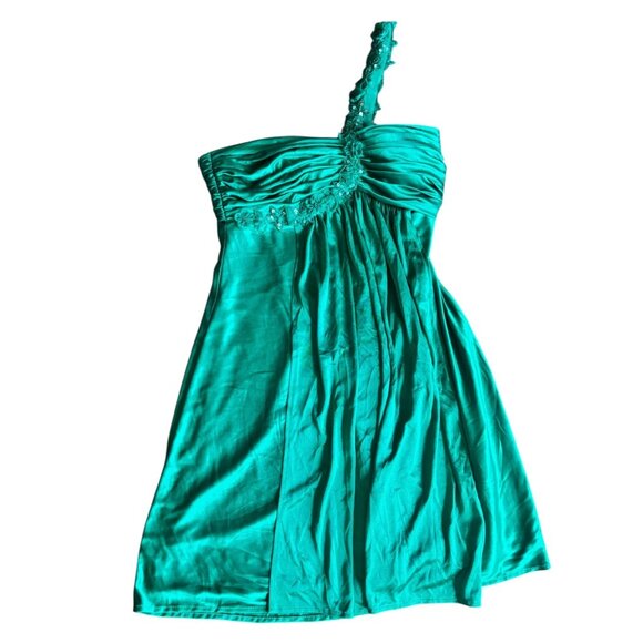 Morgan & Co. Women's Emerald Green One-Shoulder Mini Dress w/ Sequin Details. - Picture 2 of 6